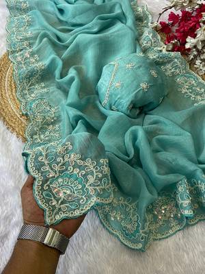 Firozi coding embroidery work crunchy saree with blouse 1