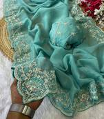 Firozi coding embroidery work crunchy saree with blouse