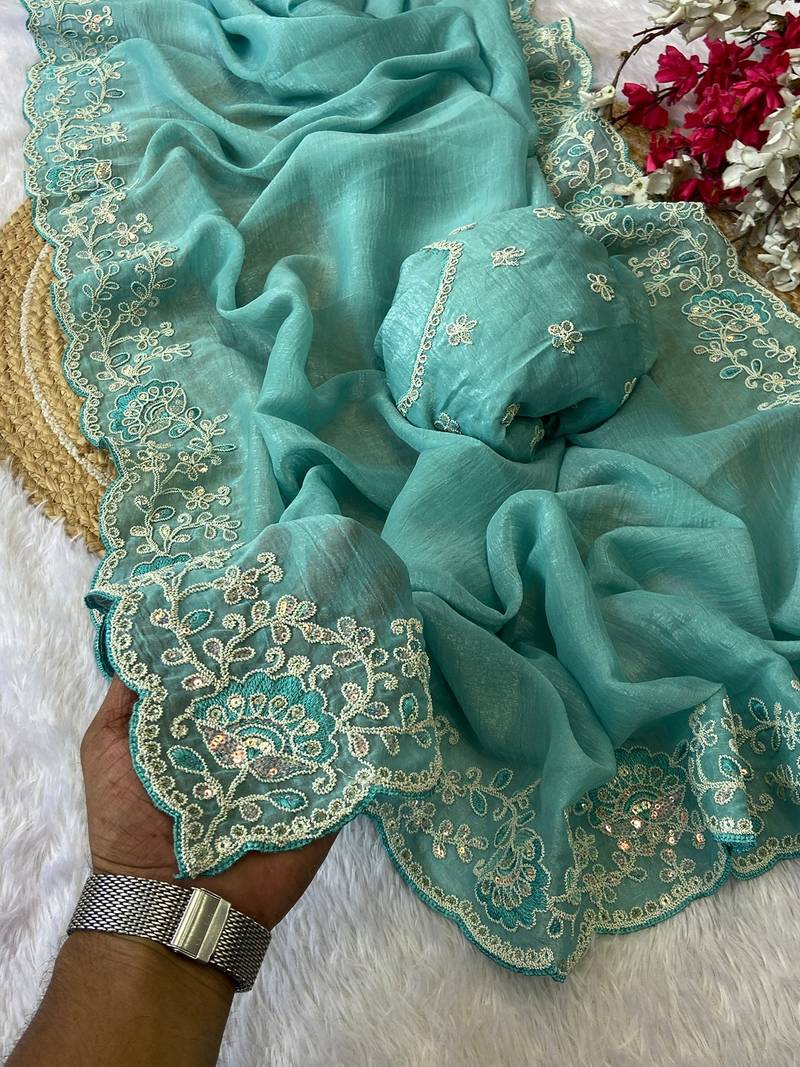Firozi coding embroidery work crunchy saree with blouse