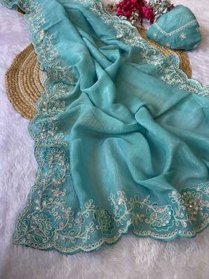 Firozi coding embroidery work crunchy saree with blouse 2