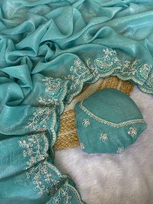 Firozi coding embroidery work crunchy saree with blouse 3
