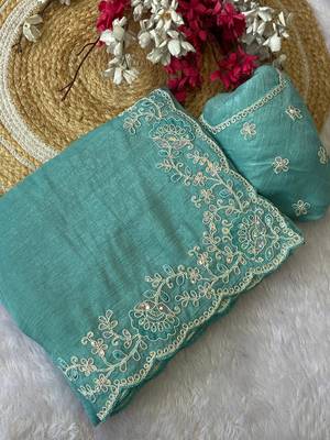 Firozi coding embroidery work crunchy saree with blouse 4