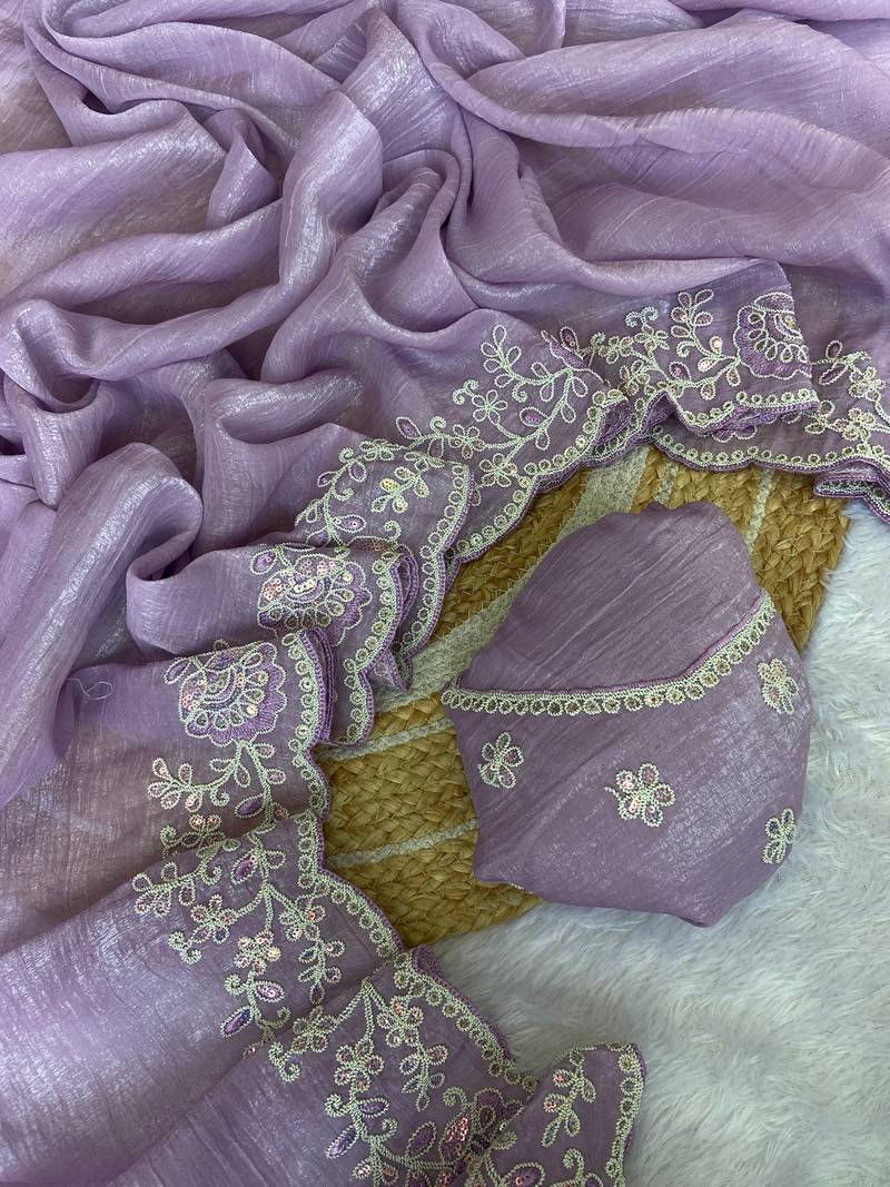 Levender coding embroidery work crunchy saree with blouse