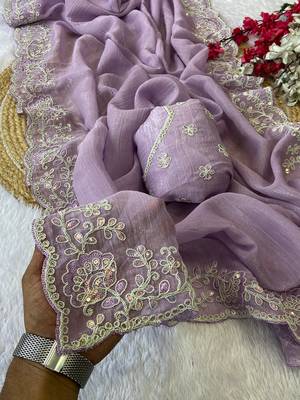 Levender coding embroidery work crunchy saree with blouse 3