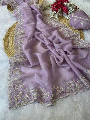 Levender coding embroidery work crunchy saree with blouse 4