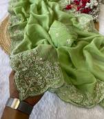 Pista coding embroidery work crunchy saree with blouse