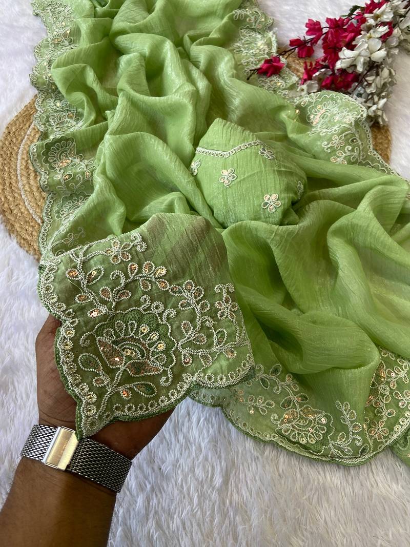 Pista coding embroidery work crunchy saree with blouse