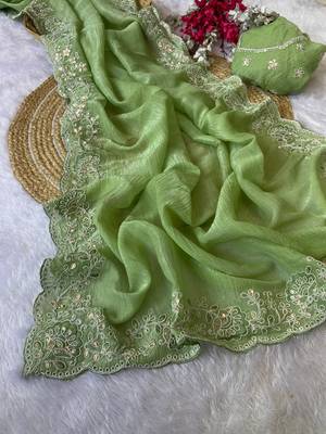 Pista coding embroidery work crunchy saree with blouse 2