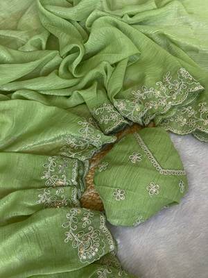 Pista coding embroidery work crunchy saree with blouse 3