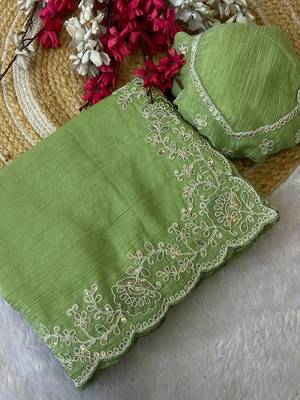Pista coding embroidery work crunchy saree with blouse 4