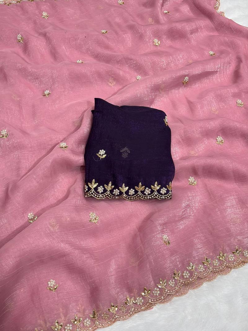 Baby pink zari embroidery work crunchy saree with blouse