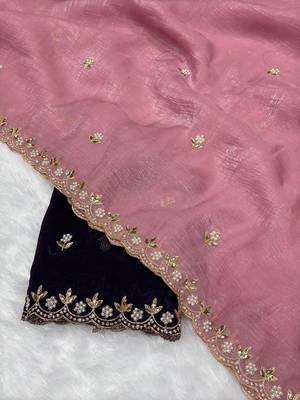 Baby pink zari embroidery work crunchy saree with blouse 2