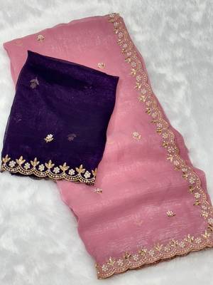 Baby pink zari embroidery work crunchy saree with blouse 3