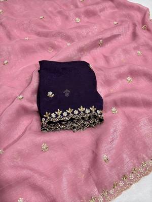 Baby pink zari embroidery work crunchy saree with blouse 4