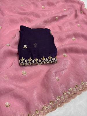Baby pink zari embroidery work crunchy saree with blouse 5