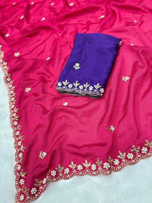 Dark pink zari embroidery work crunchy saree with blouse 1