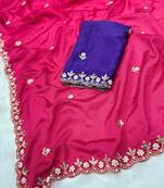 Dark pink zari embroidery work crunchy saree with blouse