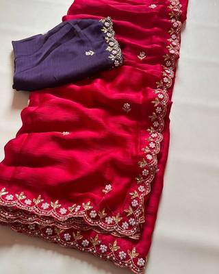 Dark pink zari embroidery work crunchy saree with blouse 2
