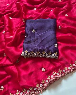 Dark pink zari embroidery work crunchy saree with blouse 4