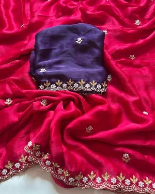 Dark pink zari embroidery work crunchy saree with blouse 5