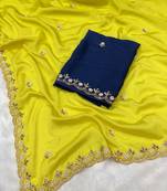 Lemon yellow zari embroidery work crunchy saree with blouse