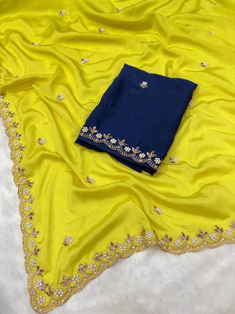 Lemon yellow zari embroidery work crunchy saree with blouse