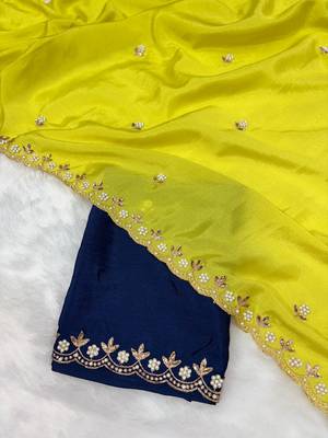 Lemon yellow zari embroidery work crunchy saree with blouse 2