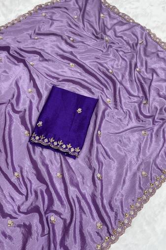 Levender zari embroidery work crunchy saree with blouse