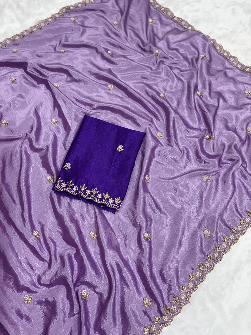 Levender zari embroidery work crunchy saree with blouse