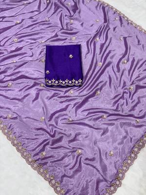 Levender zari embroidery work crunchy saree with blouse 2