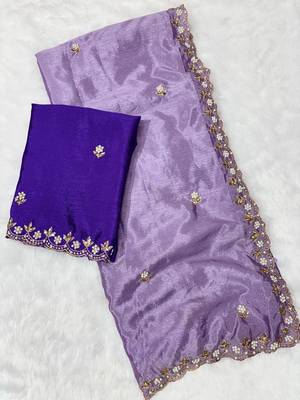 Levender zari embroidery work crunchy saree with blouse 4