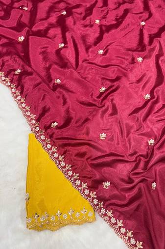 Maroon zari embroidery work crunchy saree with blouse