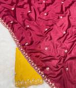 Maroon zari embroidery work crunchy saree with blouse