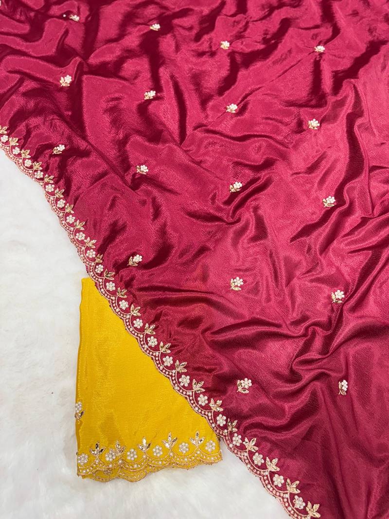 Maroon zari embroidery work crunchy saree with blouse