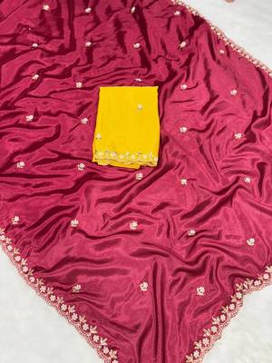 Maroon zari embroidery work crunchy saree with blouse 2