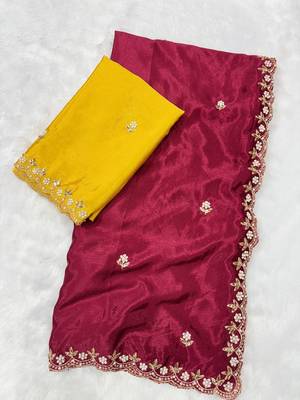 Maroon zari embroidery work crunchy saree with blouse 3
