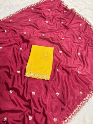 Maroon zari embroidery work crunchy saree with blouse 4