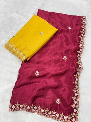 Maroon zari embroidery work crunchy saree with blouse 5