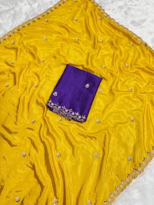 Mustard zari embroidery work crunchy saree with blouse 1