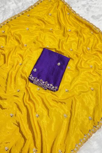 Mustard zari embroidery work crunchy saree with blouse