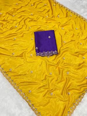 Mustard zari embroidery work crunchy saree with blouse 2