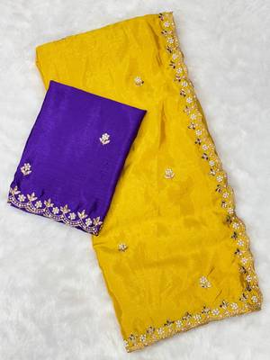 Mustard zari embroidery work crunchy saree with blouse 3