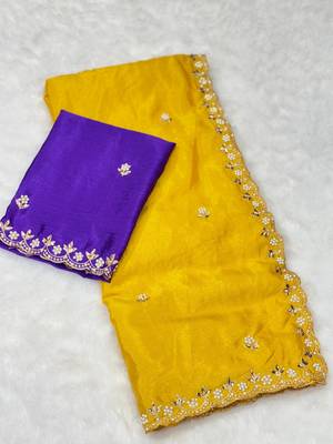 Mustard zari embroidery work crunchy saree with blouse 4