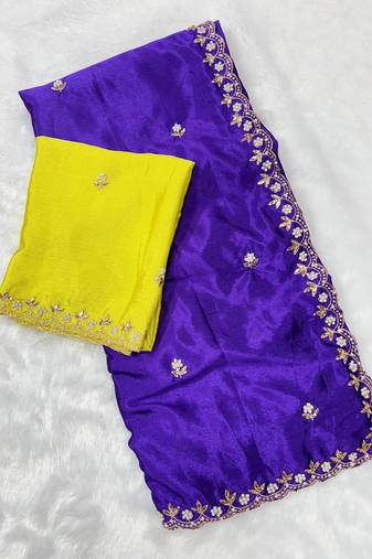 Royal zari embroidery work crunchy saree with blouse