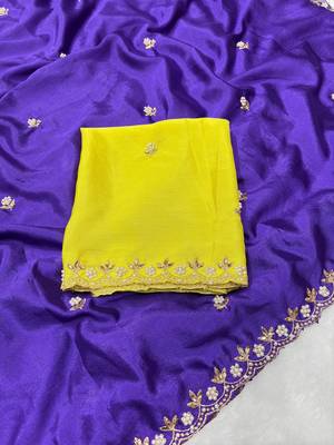 Royal zari embroidery work crunchy saree with blouse 3