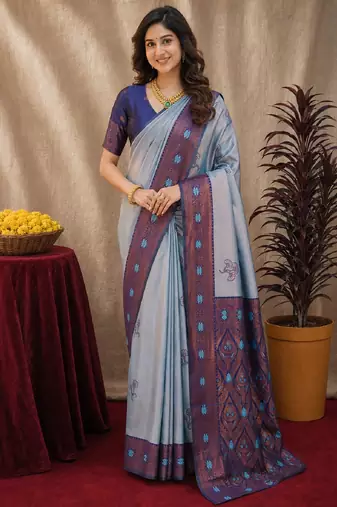 Blue rama art silk blend banarasi jacquard motif work saree with unstitched blouse piece