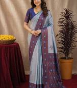 Blue rama art silk blend banarasi jacquard motif work saree with unstitched blouse piece