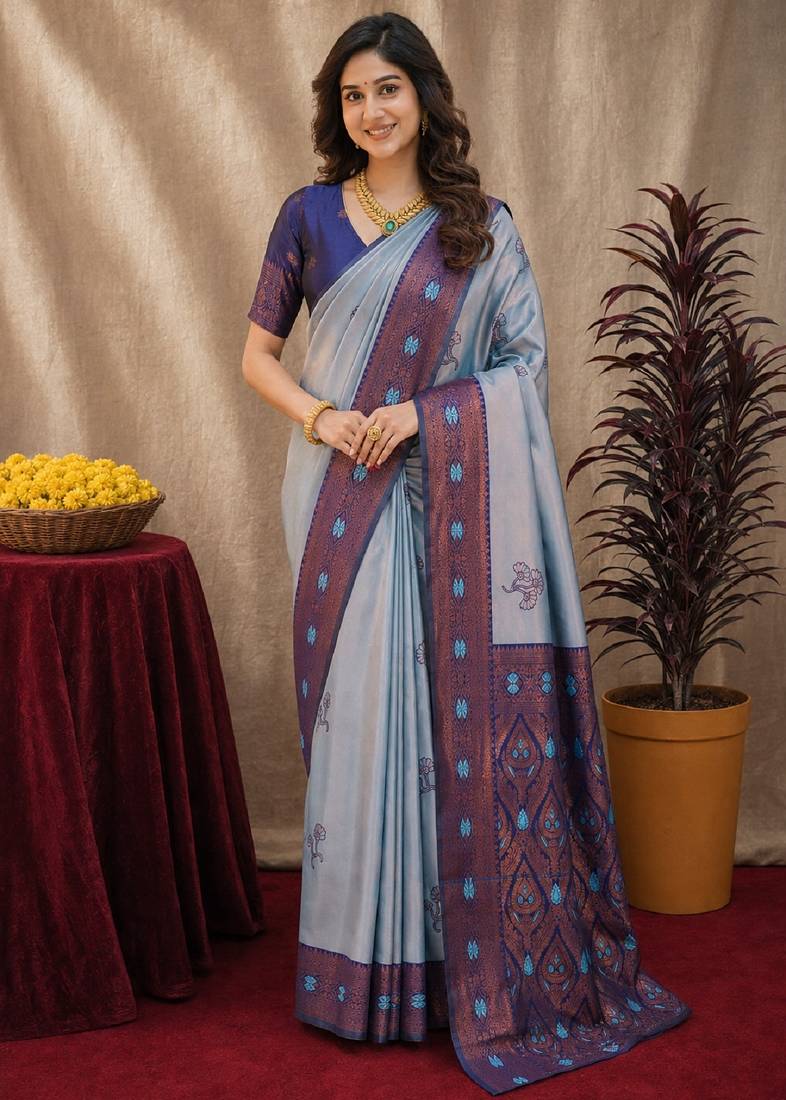 Blue rama art silk blend banarasi jacquard motif work saree with unstitched blouse piece