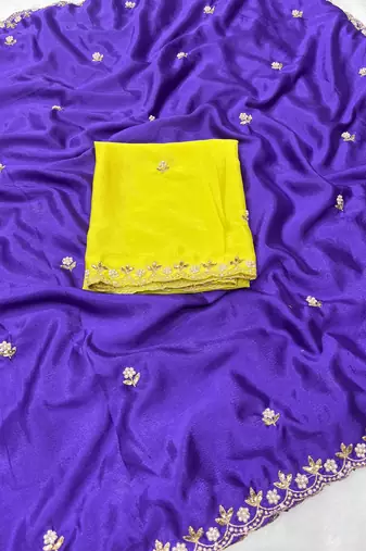 Royal zari embroidery work crunchy saree with blouse