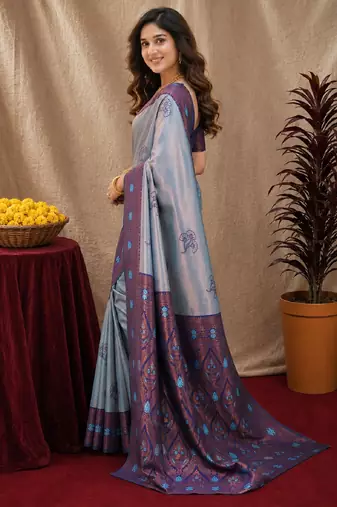 Blue rama art silk blend banarasi jacquard motif work saree with unstitched blouse piece